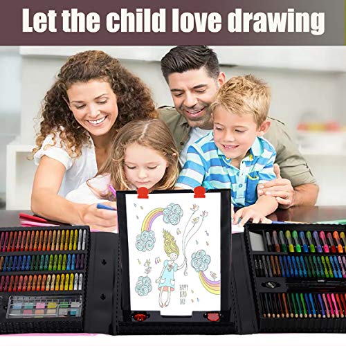 KINSPORY Art Supplies, 228 Pack Art Sets Crafts Drawing Coloring kit, Double-Side Trifold Easel, Oil Pastels, Crayons, Colored Pencils, Creative Gift for Beginners Artists Girls Boys Kids (Black)