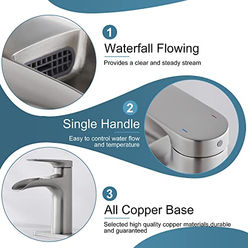Brushed Nickel Bathroom Faucet, YardMonet Waterfall Bathroom Faucet with Pop Up Drain Single Hole Bathroom Faucet, Single Handle Bathroom Sink Faucet, RV Faucet Brass