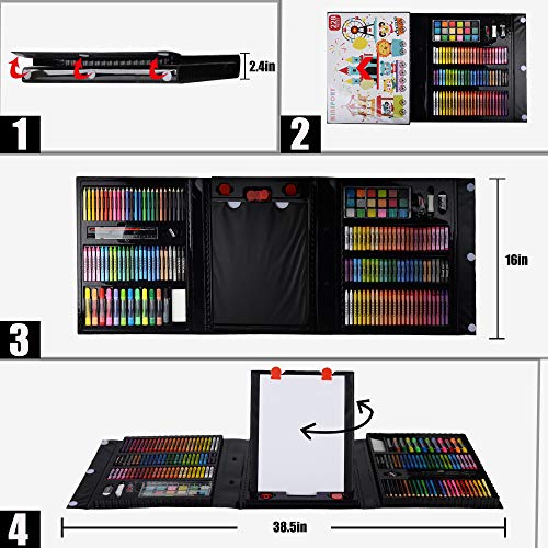 KINSPORY Art Supplies, 228 Pack Art Sets Crafts Drawing Coloring kit, Double-Side Trifold Easel, Oil Pastels, Crayons, Colored Pencils, Creative Gift for Beginners Artists Girls Boys Kids (Black)