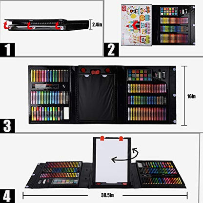 KINSPORY Art Supplies, 228 Pack Art Sets Crafts Drawing Coloring kit, Double-Side Trifold Easel, Oil Pastels, Crayons, Colored Pencils, Creative Gift for Beginners Artists Girls Boys Kids (Black)