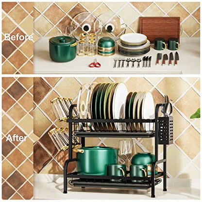 iSPECLE Dish Drying Rack for Kitchen Counter 2 Tier Dish Rack with Cup Holder, Dish Drainer with Drainboard and Utensil Holder Large Capacity for Small Kitchen Countertop Saving Space