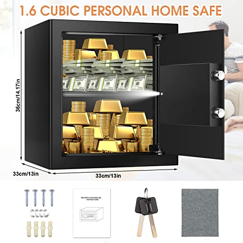 1.6 Cub Home Safe Box Fireproof Waterproof with Anti-Theft Alarm, Removable Shelf, Digital Fire Safe with Keypad Led Indicator, Security Money Safe for Firearm Ammo Cash Jewelry Medicines Document