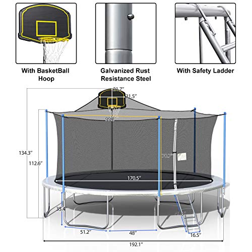 Tatub 15 16 FT Trampoline with Enclosure Net, Basketball Hoop and Ladder, Outdoor Family Jumping Trampoline for 6-8 Kids Light Grey