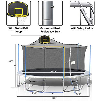 Tatub 15 16 FT Trampoline with Enclosure Net, Basketball Hoop and Ladder, Outdoor Family Jumping Trampoline for 6-8 Kids Light Grey