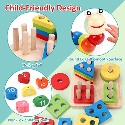 Qizebaby Montessori Toys for 2 Year Old Boys Girls, 6PCS Kids Wooden Toys, Baby Boy Toys 3-6 Year Old, Preschool Educational Learning Toy for Kids Ages 3 4 5 6+, Birthday Gifts