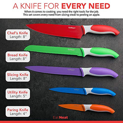 EatNeat 12-Piece Knife Set: Stainless Steel, Protective Sheaths, Cutting Board, and Sharpener - Kitchen & Camping Essentials