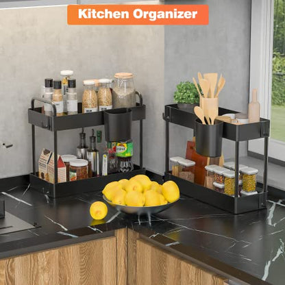 Warmodern 3 Pack Bathroom Organizer Under Sink,2 Tier Bathroom Cabinet Organizer, Bathroom Organizer Under Sink Baskets with 24 Hooks and 6 Hanging Cups, Multifunction Under Cabinet Storage