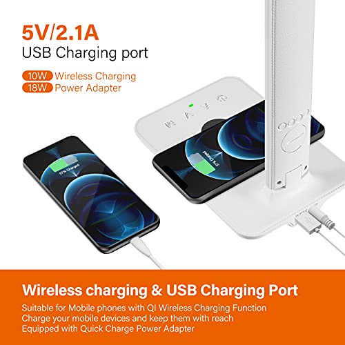 poukaran LED Desk Lamp with Wireless Charger, USB Charging Port, Office Table Lamp with Clock, Alarm, Date, Temperature for Home Office, White