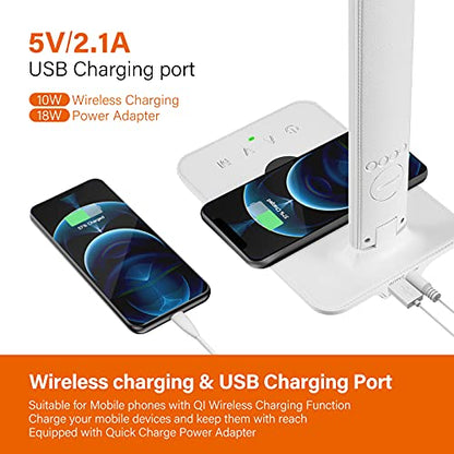 poukaran LED Desk Lamp with Wireless Charger, USB Charging Port, Office Table Lamp with Clock, Alarm, Date, Temperature for Home Office, White