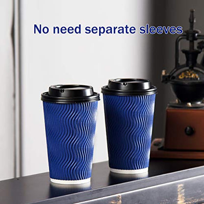 Disposable Coffee Cups with Lids and Straws - 16 oz (90 Set) Togo Hot Paper Coffee Cup with Lid To Go for Beverages Espresso Tea Insulated Reusable Cold Drinks Ripple Cups Protect Fingers From Heat!