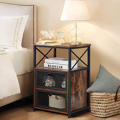 VECELO Nightstand Set of 2, End Table with Flip Drawer, Modern Night Stand for Bedroom, Living Room, Office, Easy Assembly, Retro Brown