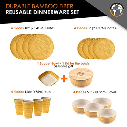 Earths Dreams [18 Piece] Dishes Set for 4 - Reusable Melamine Dinnerware Set - Elegant Bamboo Design Plates and Bowls Sets w/ 1 Bonus Lid & Saucer - Conveniently Dishwasher Safe - Dinnerware Set For 4