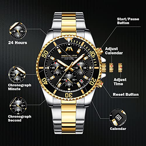 MEGALITH Mens Watches with Stainless Steel Waterproof Analog Quartz Fashion Business Chronograph Watches for Men, Auto Date