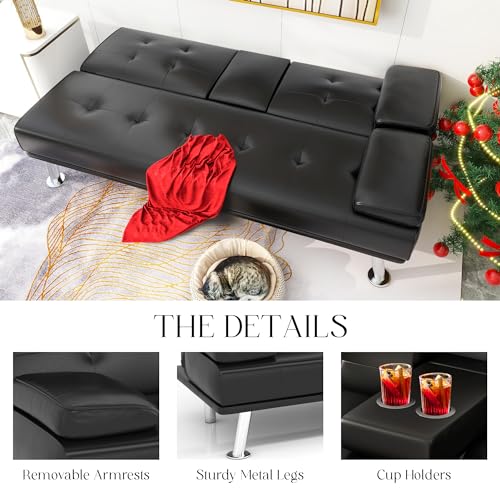 B Futon Sofa Bed, Modern Faux Leather Futon Sofa Bed with 2 Cup Holders and Pillows, Convertible Folding Futon Couch for Compact Living Space, Dorm, Offices, Black