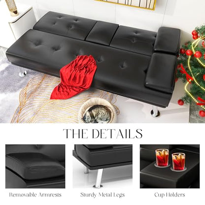 B Futon Sofa Bed, Modern Faux Leather Futon Sofa Bed with 2 Cup Holders and Pillows, Convertible Folding Futon Couch for Compact Living Space, Dorm, Offices, Black