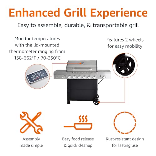 Amazon Basics Freestanding Gas Grill with Side Burner, 6 Burner (66,000 BTU)