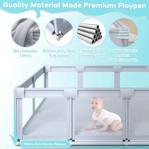 Fshibila 74" ×50" Large Baby Playpen, Baby Playard for Babies and Toddlers, Baby Fence Play Pens for Indoor & Outdoor, Sturdy Safety Play Yard with Soft Breathable Mesh, Anti-Fall, Grey