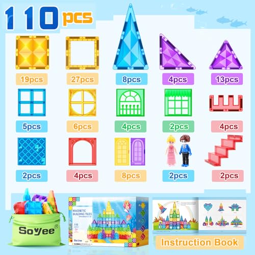 110pcs Magnetic Tiles Mermaid Toys for Girls Princess Building STEM Toys Buildable Castle Toy Magnetic Blocks Birthday Gifts & Toys for 3 4 5 6 7 8+ Year Old for Kids