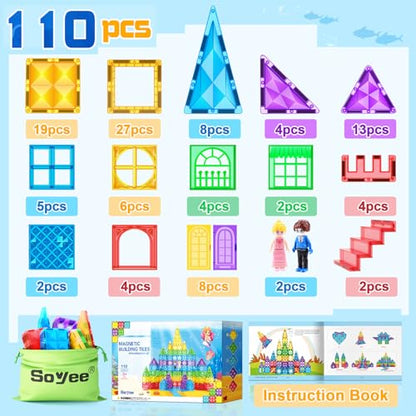 110pcs Magnetic Tiles Mermaid Toys for Girls Princess Building STEM Toys Buildable Castle Toy Magnetic Blocks Birthday Gifts & Toys for 3 4 5 6 7 8+ Year Old for Kids