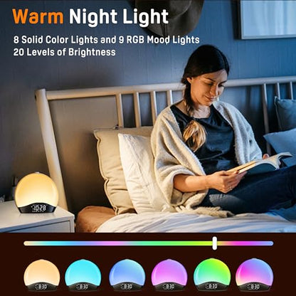 Wake Up Light Sunrise Alarm Clock for Kids, Heavy Sleepers, Bedroom, Bluetooth Speaker Sound Machine with 22 Natural Sounds, White Noise, Dual Alarms, FM Radio, 17 Color Night Lights, Ideal for Gift