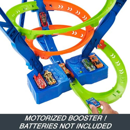 Hot Wheels Toy Car Track Set Spiral Speed Crash, Powered by Motorized Booster, 29-in Tall Track with 1:64 Scale Car