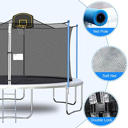 Tatub 15 16 FT Trampoline with Enclosure Net, Basketball Hoop and Ladder, Outdoor Family Jumping Trampoline for 6-8 Kids Light Grey