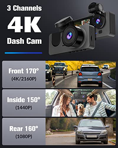 Dash Cam Front and Rear Inside, 4K/2.5K Full HD Dash Camera for Cars with Free 32GB SD Card,Built-in Super Night Vision,170°Wide Angle,WDR, Loop Recording, 24H Parking Mode