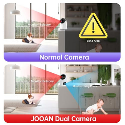 JOOAN Dual Lens 5G Security Camera, 2Kx2 Wireless WiFi Indoor Camera with 360° PTZ, Plug in Home Pet Camera for Baby, Motion Detection, One Touch Call, Dual-Screen Display, 2 Way Talk, Work with Alexa