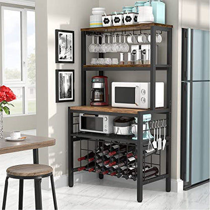 Unikito Wine Rack Table, Modern Freestanding Floor Liquor Bar Table Cabinet with Glass Rack Bottle Shelf, Industrial Wine Bar Cabinet with Storage and Hook for Home Kitchen Dining Room, Rustic Brown