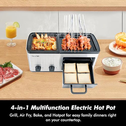 4 in 1 Breakfast Maker Station with Indoor Grill/Griddle/Toast Drawer/Frying Basket, Removable Nonstick Plates, Dual Temperature Control, Silver
