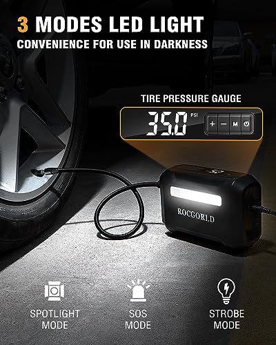 ROCGORLD R7 Tire Inflator Portable Air Compressor, 12V DC Car Tire Air Pump with Auto Shut-Off Function, 150 PSI 3X Faster Inflation Portable Tire Inflator for Car, Bike, Ball, Motor