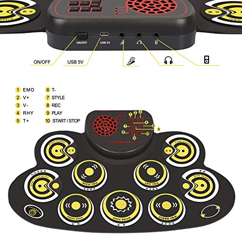 Electronic Drum Set Kids Foldable Practice Drum Pad Rechargeable Drum Kit, Built in Speakers Foot Pedals,Drum Sticks, Birthday Gift for Beginners (Yellow)