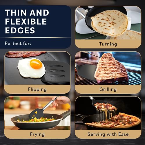 Home Hero 2 Pcs Kitchen Utensils Set - Heat Resistant Stainless Steel & Silicone Spatula - Spatula Set for Nonstick Cookware - Slotted & Solid Spatula Set for Kitchen Use - (2Pcs - Black)