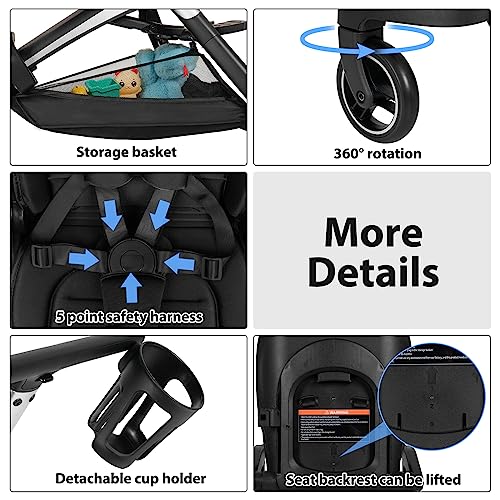 Convenience Stroller Lightweight Stroller Fold Compact Travel Stroller Multiposition Recline, One-Hand Fold Baby Stroller, Cup Holder, Raincover Included
