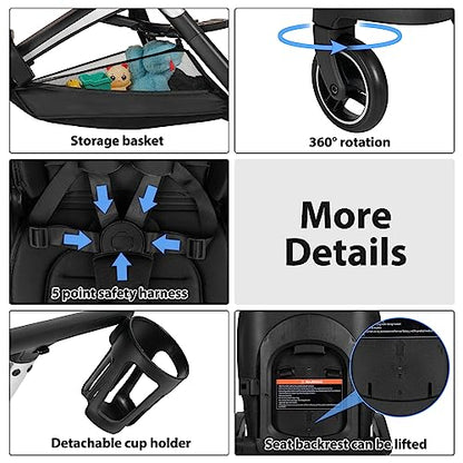 Convenience Stroller Lightweight Stroller Fold Compact Travel Stroller Multiposition Recline, One-Hand Fold Baby Stroller, Cup Holder, Raincover Included