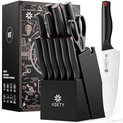 ASETY Knife Set, 15 PCS Kitchen knife Set with Bulti-in Sharpener Block, High Carbon Stainless Steel Knife Block Set, NSF Food Safe, Dishwasher Safe Knife Sets for Kitchen, Black, Gift Box