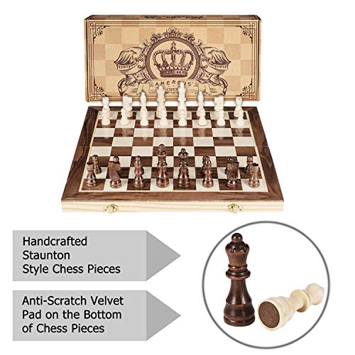 AMEROUS 15 Inches Magnetic Wooden Chess Set - 2 Extra Queens - Folding Board, Handmade Portable Travel Chess Board Game Sets with Game Pieces Storage Slots - Beginner Chess Set for Kids, Adults