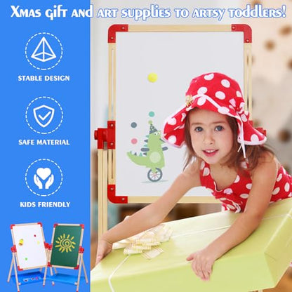 JHTOPJH Art Easel for Kids Magnetic Wooden Double Sided Standing Toddlers Chalkboard - 360°Rotating Easel for Toddler Drawing Christmas Birthday Gift for 2-4 Years 15"x18.9"