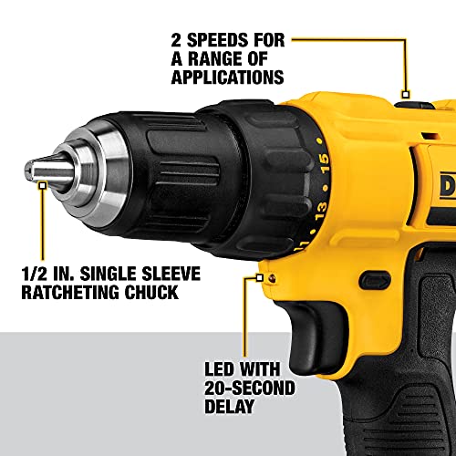DEWALT 20V Max Cordless Drill / Driver Kit, Compact, 1/2-Inch (DCD771C2), Yellow