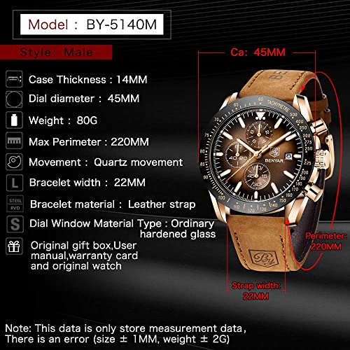 BENYAR Mens Watches Quartz Movement Chronograph Leather Strap Fashion Business Sport Design 30M Waterproof Scratch Resistant Elegant Gifts for Men