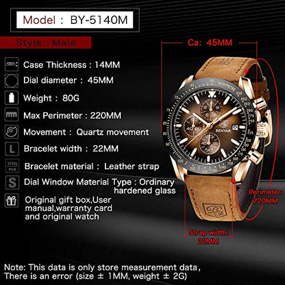 BENYAR Mens Watches Quartz Movement Chronograph Leather Strap Fashion Business Sport Design 30M Waterproof Scratch Resistant Elegant Gifts for Men