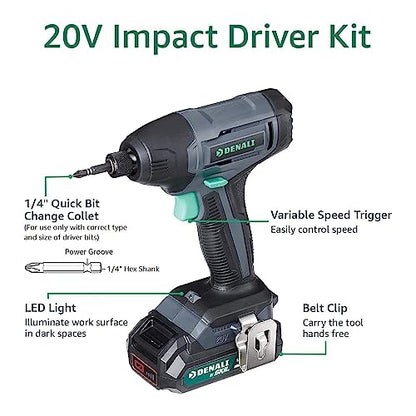 Amazon Brand - Denali by SKIL 20V Cordless Impact Driver Kit with 2 x 2.0Ah Lithium Batteries and Charger, Blue