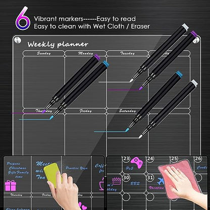 Acrylic Magnetic Calendar for Fridge Monthly & Weekly Dry Erase Board Magnetic Fridge Calendar, 2 Set Clear Reusable Planner Whiteboard Calendar 16"x12" with 6 Markers/Pen Holder/Eraser/Towel/Hook