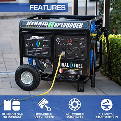 DuroMax XP13000EH Dual Fuel Portable Generator 13000 Watt Gas or Propane Powered Electric Start-Home Back Up, Blue/Gray