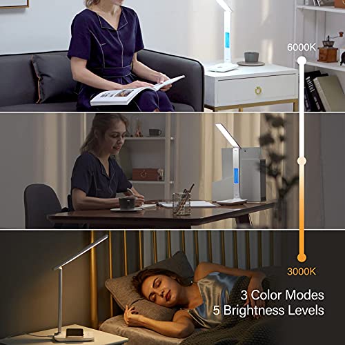 poukaran LED Desk Lamp with Wireless Charger, USB Charging Port, Office Table Lamp with Clock, Alarm, Date, Temperature for Home Office, White