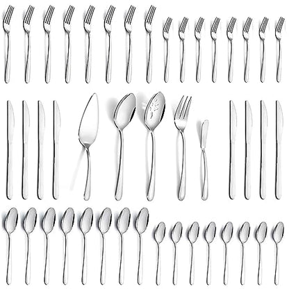 APEO 45 Piece Stainless Steel Silverware Set for 8 with Serving Utensils, Durable Flatware Sets, Forks Spoons and Knives Set, Food-Grade Cutlery Set for Home Kitchen Restaurant Hotel, Dishwasher Safe