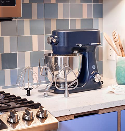 GE Tilt-Head Electric Stand Mixer | 7-Speed, 350-Watt Motor | Includes 5.3-Quart Bowl, Flat Beater, Dough Hook, Wire Whisk & Pouring Shield | Countertop Kitchen Essentials | Sapphire Blue
