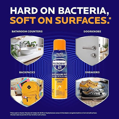 Microban Disinfectant Spray, 24 Hour Sanitizing and Antibacterial Sanitizing Spray, Citrus Scent, 2 Count (15oz Each) (Packaging May Vary)