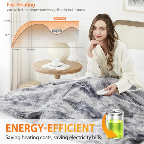 Longering Heated Blanket Throw Electric Blanket: 50"x60" Heating Blanket with 5 Fast Heating Levels 4 Hours Auto Off - Super Cozy Soft Faux Fur Sherpa Heated Blankets for Bed - ETL Certified（Grey）