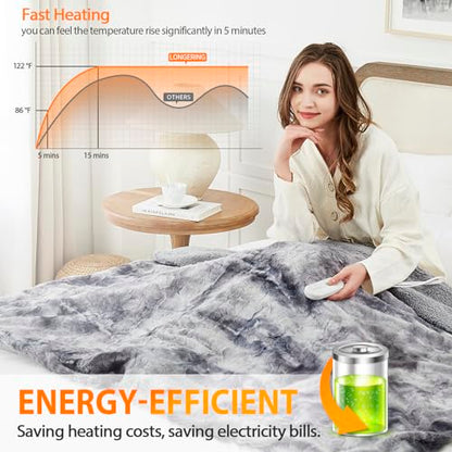 Longering Heated Blanket Throw Electric Blanket: 50"x60" Heating Blanket with 5 Fast Heating Levels 4 Hours Auto Off - Super Cozy Soft Faux Fur Sherpa Heated Blankets for Bed - ETL Certified（Grey）